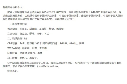 中国篮协公示出了运动员委员会委员名单