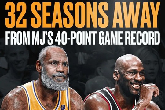 NBA詹姆斯得分30分场次总数已经超越乔丹，但是40分场次还需32个赛季